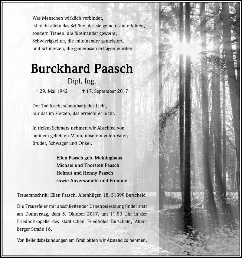  Traueranzeige für Burckhard Paasch vom 30.09.2017 aus Kölner Stadt-Anzeiger / Kölnische Rundschau / Express