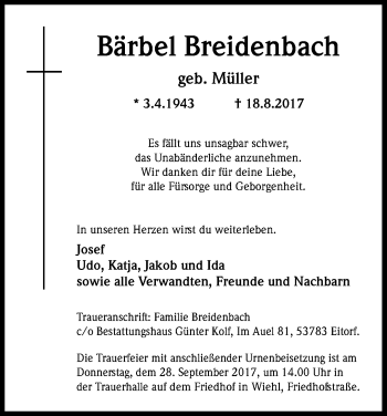 Anzeige von Bärbel Breidenbach von Kölner Stadt-Anzeiger / Kölnische Rundschau / Express