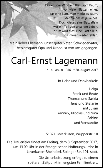 Anzeige von Carl-Ernst Lagemann von  Lokale Informationen 