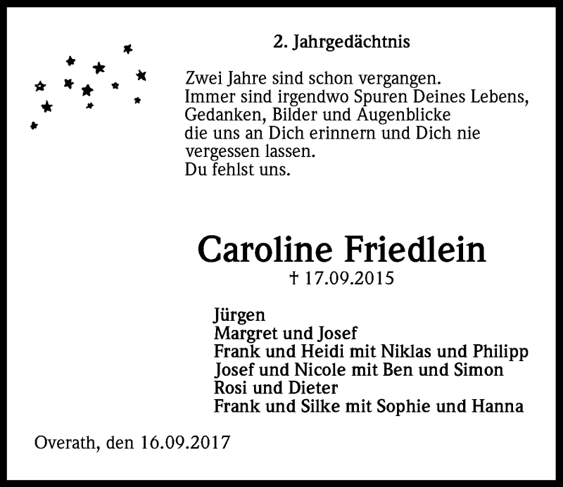  Traueranzeige für Caroline Friedlein vom 16.09.2017 aus Kölner Stadt-Anzeiger / Kölnische Rundschau / Express