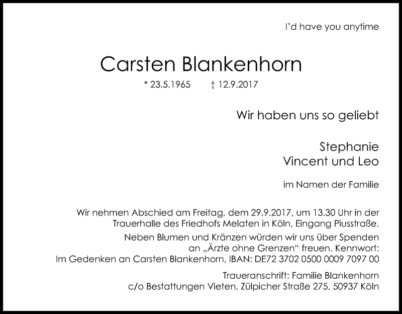  Traueranzeige für Carsten Blankenhorn vom 23.09.2017 aus Kölner Stadt-Anzeiger / Kölnische Rundschau / Express
