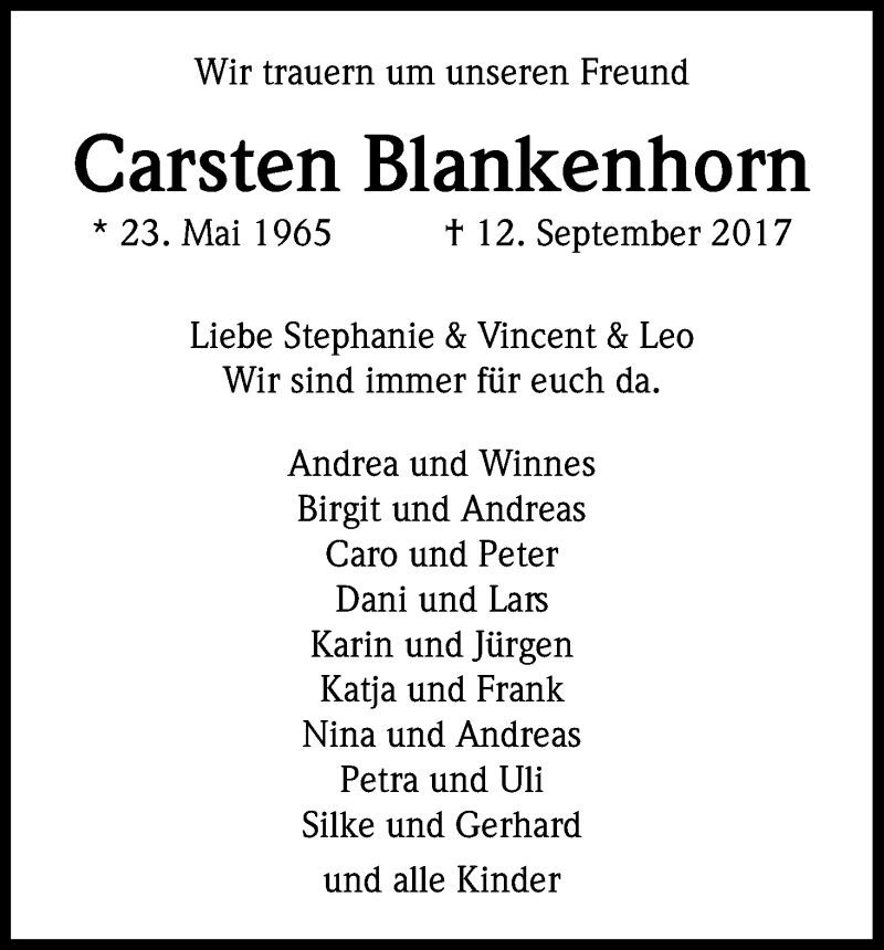  Traueranzeige für Carsten Blankenhorn vom 23.09.2017 aus Kölner Stadt-Anzeiger / Kölnische Rundschau / Express