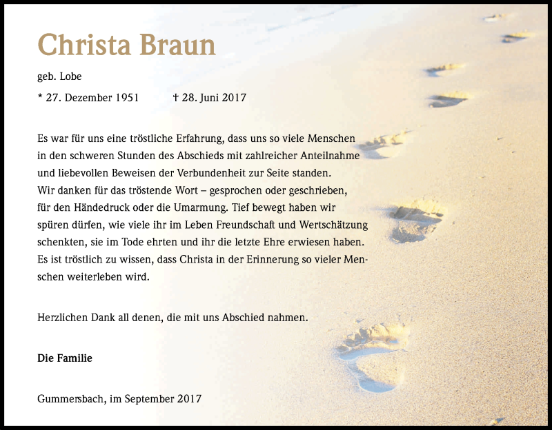 Traueranzeige für Christa Braun vom 09.09.2017 aus Kölner Stadt-Anzeiger / Kölnische Rundschau / Express
