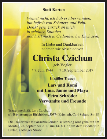 Anzeige von Christa Czichun von  Sonntags-Post 