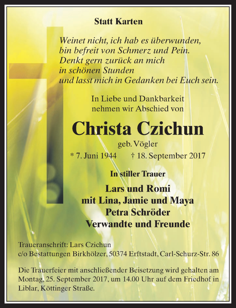  Traueranzeige für Christa Czichun vom 23.09.2017 aus  Sonntags-Post 