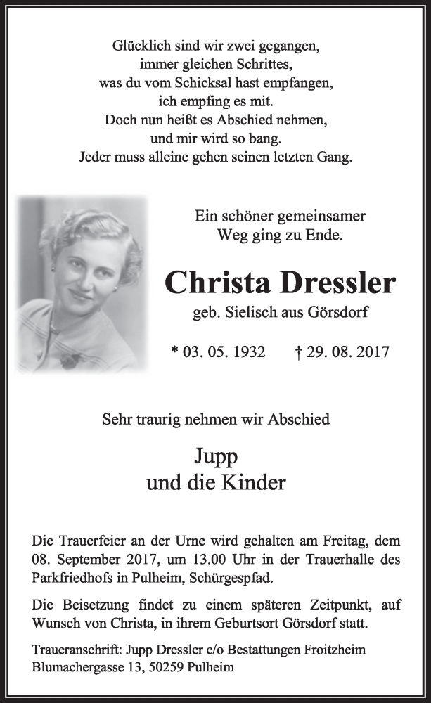  Traueranzeige für Christa Dressler vom 02.09.2017 aus  Sonntags-Post 