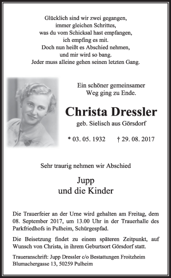 Anzeige von Christa Dressler von  Sonntags-Post 
