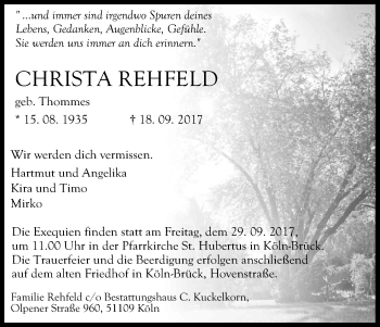 Anzeige von Christa Rehfeld von Kölner Stadt-Anzeiger / Kölnische Rundschau / Express