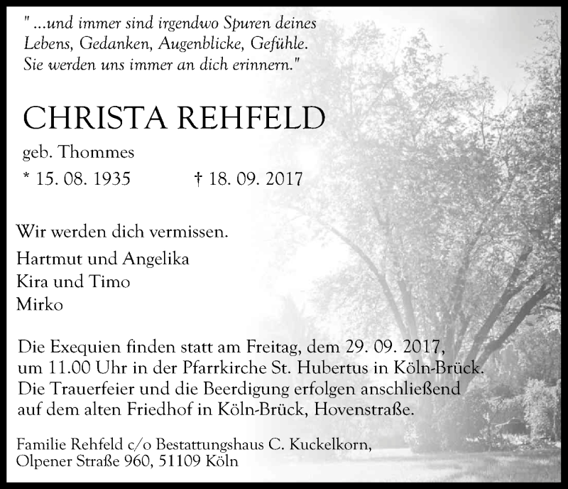  Traueranzeige für Christa Rehfeld vom 23.09.2017 aus Kölner Stadt-Anzeiger / Kölnische Rundschau / Express