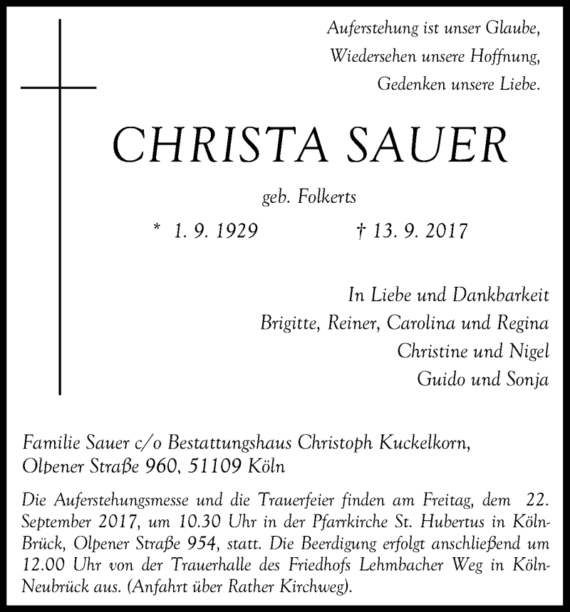  Traueranzeige für Christa Sauer vom 20.09.2017 aus Kölner Stadt-Anzeiger / Kölnische Rundschau / Express