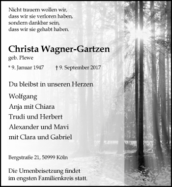 Anzeige von Christa Wagner-Gartzen von  Kölner Wochenspiegel 