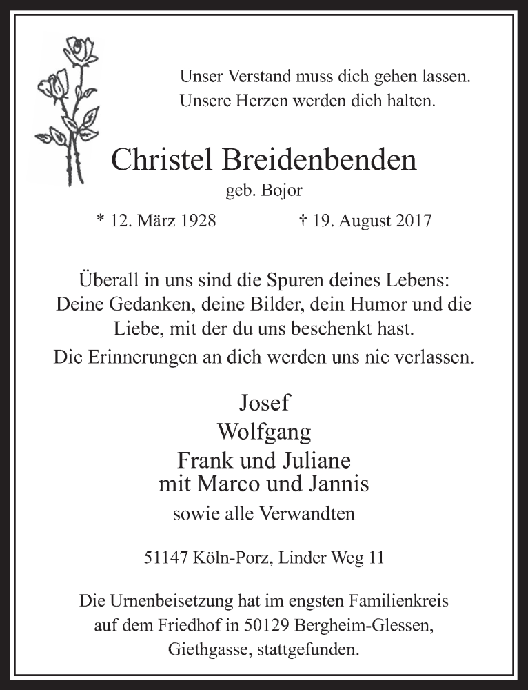  Traueranzeige für Christel Breidenbenden vom 06.09.2017 aus  Kölner Wochenspiegel 