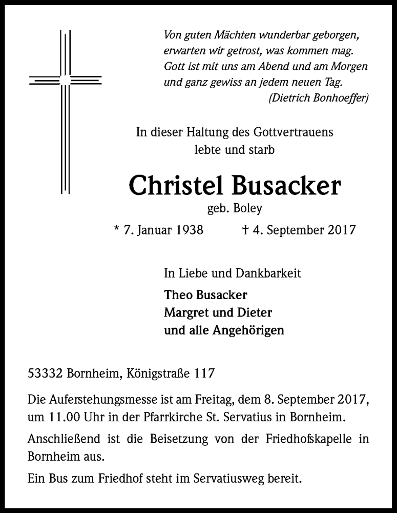  Traueranzeige für Christel Busacker vom 06.09.2017 aus Kölner Stadt-Anzeiger / Kölnische Rundschau / Express