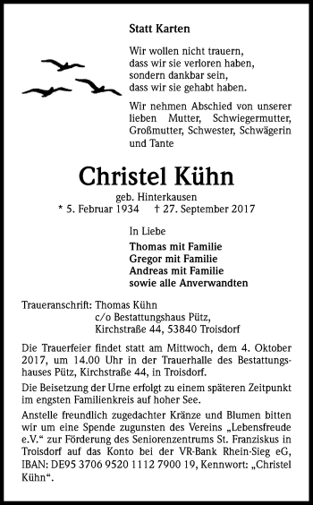 Anzeige von Christel Kuehn von Kölner Stadt-Anzeiger / Kölnische Rundschau / Express