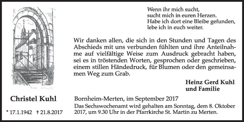  Traueranzeige für Christel Kuhl vom 27.09.2017 aus  Schlossbote/Werbekurier 