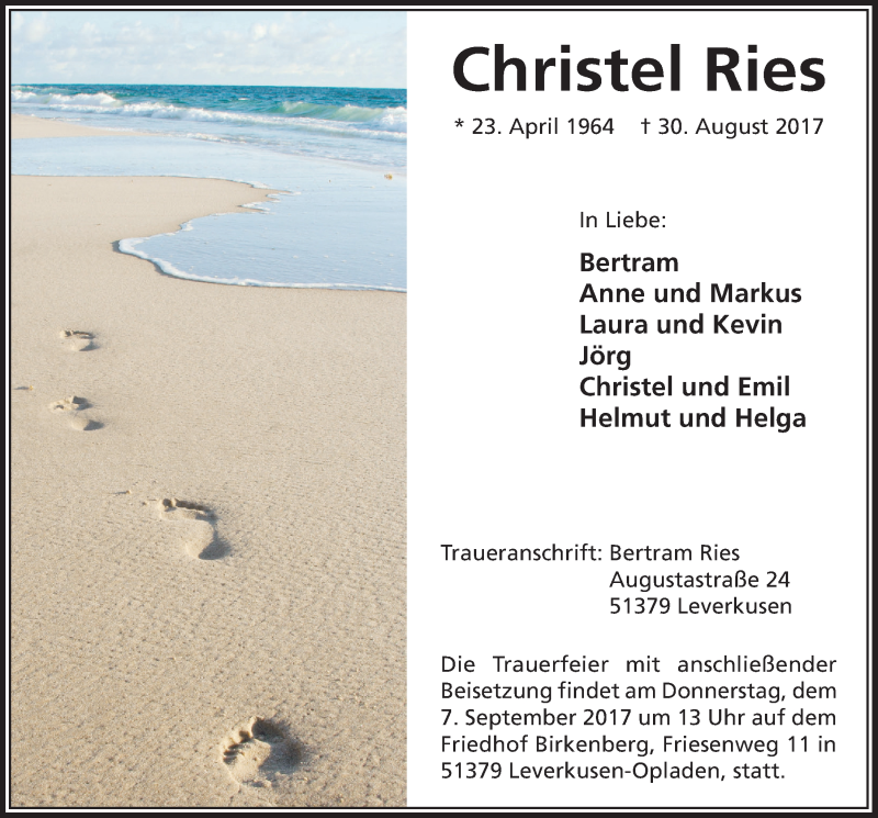 Traueranzeige für Christel Ries vom 06.09.2017 aus  Lokale Informationen 