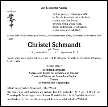 Anzeige von Christel Schmandt von Kölner Stadt-Anzeiger / Kölnische Rundschau / Express