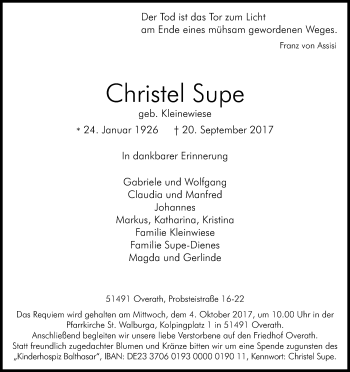 Anzeige von Christel Supe von Kölner Stadt-Anzeiger / Kölnische Rundschau / Express