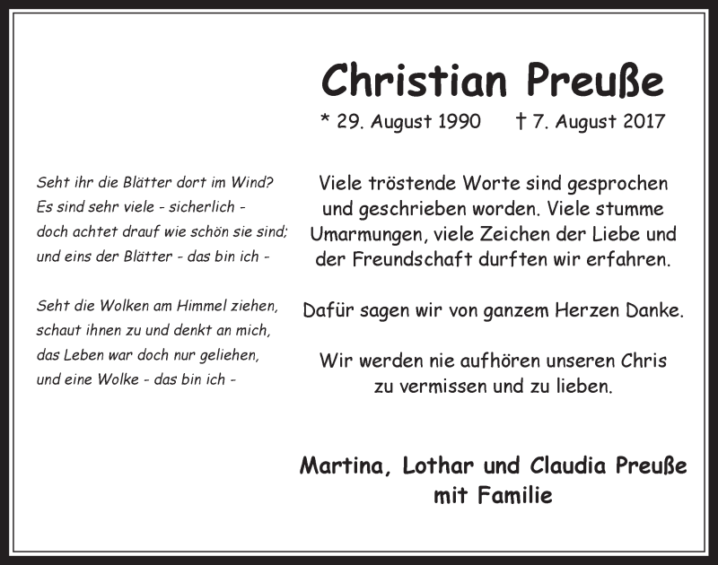  Traueranzeige für Christian Preuße vom 06.09.2017 aus  Werbepost 