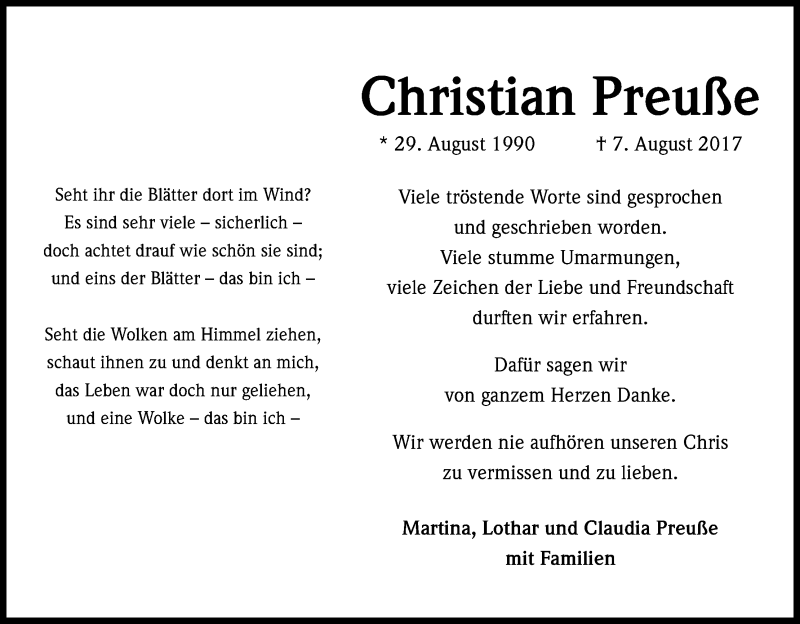  Traueranzeige für Christian Preuße vom 09.09.2017 aus Kölner Stadt-Anzeiger / Kölnische Rundschau / Express