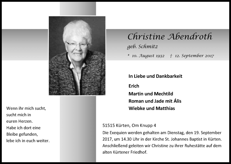  Traueranzeige für Christine Abendroth vom 15.09.2017 aus Kölner Stadt-Anzeiger / Kölnische Rundschau / Express