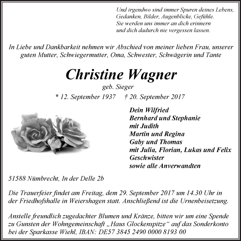  Traueranzeige für Christine Wagner vom 27.09.2017 aus  Lokalanzeiger 