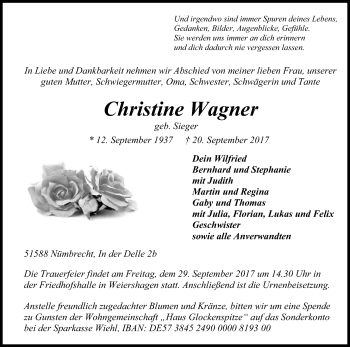 Anzeige von Christine Wagner von Kölner Stadt-Anzeiger / Kölnische Rundschau / Express