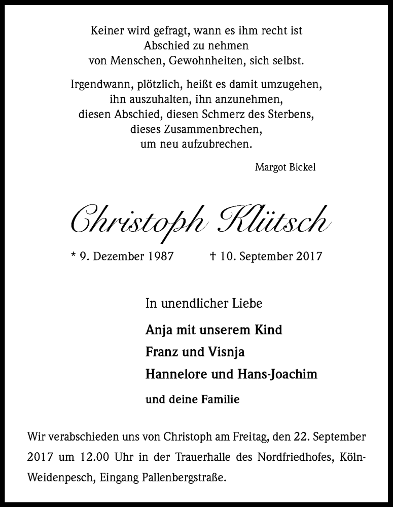  Traueranzeige für Christoph Klütsch vom 16.09.2017 aus Kölner Stadt-Anzeiger / Kölnische Rundschau / Express