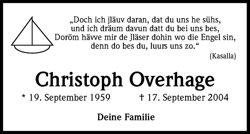  Traueranzeige für Christoph Overhage vom 16.09.2017 aus Kölner Stadt-Anzeiger / Kölnische Rundschau / Express