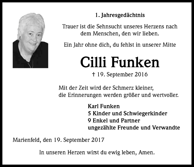  Traueranzeige für Cilli Funken vom 19.09.2017 aus Kölner Stadt-Anzeiger / Kölnische Rundschau / Express