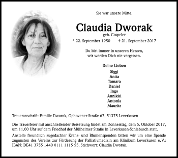Anzeige von Claudia Dworak von Kölner Stadt-Anzeiger / Kölnische Rundschau / Express