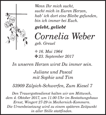 Anzeige von Cornelia Weber von  Blickpunkt Euskirchen 