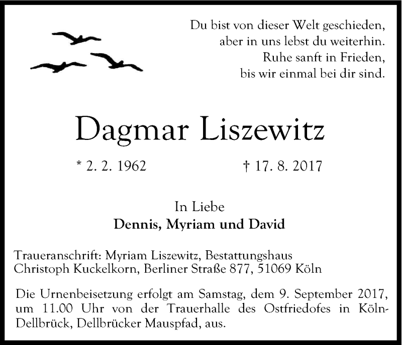  Traueranzeige für Dagmar Liszewitz vom 05.09.2017 aus Kölner Stadt-Anzeiger / Kölnische Rundschau / Express