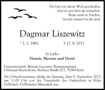 Anzeige von Dagmar Liszewitz von Kölner Stadt-Anzeiger / Kölnische Rundschau / Express