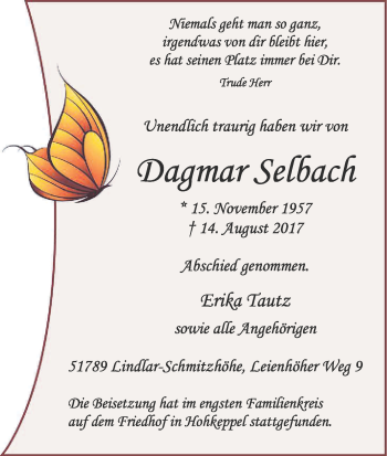 Anzeige von Dagmar Selbach von Kölner Stadt-Anzeiger / Kölnische Rundschau / Express