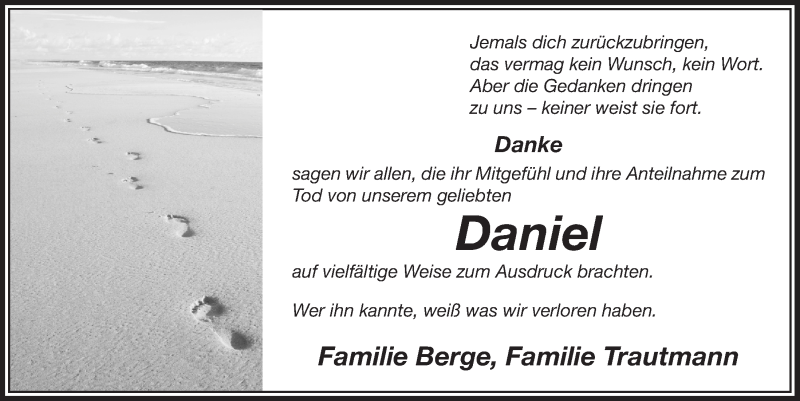  Traueranzeige für Daniel  vom 20.09.2017 aus  Anzeigen Echo  Lokalanzeiger 