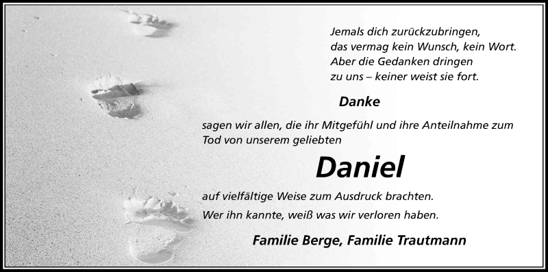  Traueranzeige für Daniel  vom 23.09.2017 aus Kölner Stadt-Anzeiger / Kölnische Rundschau / Express