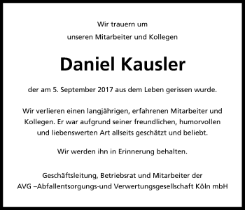 Anzeige von Daniel Kausler von Kölner Stadt-Anzeiger / Kölnische Rundschau / Express