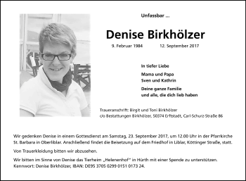 Anzeige von Denise Birkhölzer von Kölner Stadt-Anzeiger / Kölnische Rundschau / Express