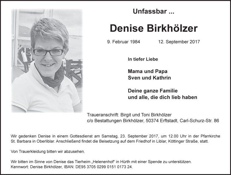  Traueranzeige für Denise Birkhölzer vom 20.09.2017 aus  Werbepost 