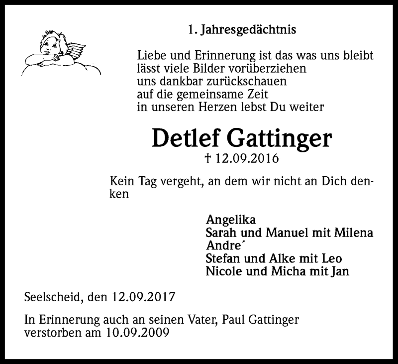  Traueranzeige für Detlef Gattinger vom 12.09.2017 aus Kölner Stadt-Anzeiger / Kölnische Rundschau / Express