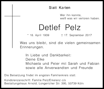 Anzeige von Detlef Pelz von Kölner Stadt-Anzeiger / Kölnische Rundschau / Express