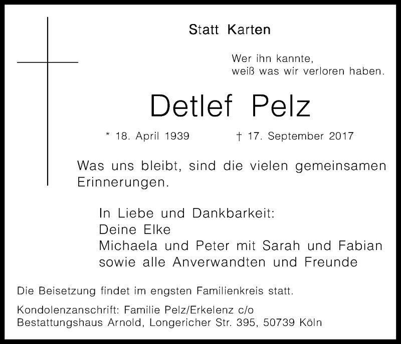  Traueranzeige für Detlef Pelz vom 23.09.2017 aus Kölner Stadt-Anzeiger / Kölnische Rundschau / Express