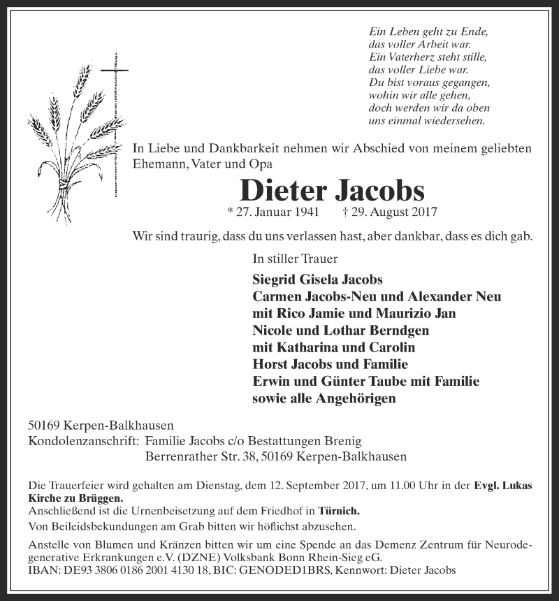  Traueranzeige für Dieter Jacobs vom 06.09.2017 aus  Werbepost 