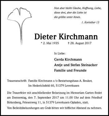 Anzeige von Dieter Kirchmann von Kölner Stadt-Anzeiger / Kölnische Rundschau / Express