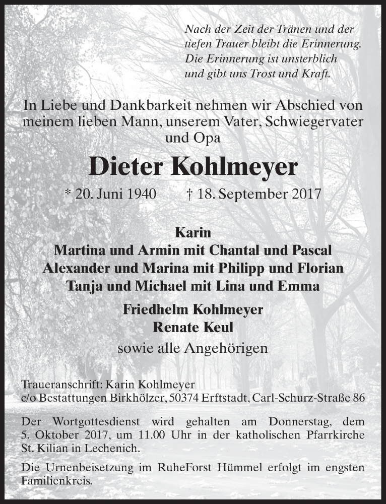  Traueranzeige für Dieter Kohlmeyer vom 27.09.2017 aus  Werbepost 