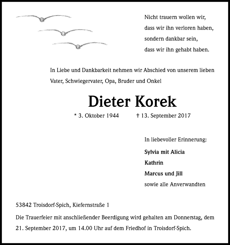  Traueranzeige für Dieter Korek vom 19.09.2017 aus Kölner Stadt-Anzeiger / Kölnische Rundschau / Express