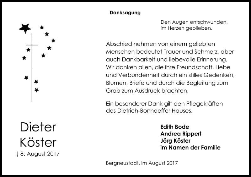 Traueranzeige für Dieter Köster vom 02.09.2017 aus Kölner Stadt-Anzeiger / Kölnische Rundschau / Express