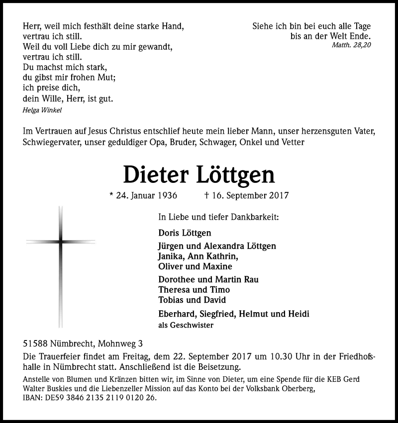  Traueranzeige für Dieter Löttgen vom 21.09.2017 aus Kölner Stadt-Anzeiger / Kölnische Rundschau / Express