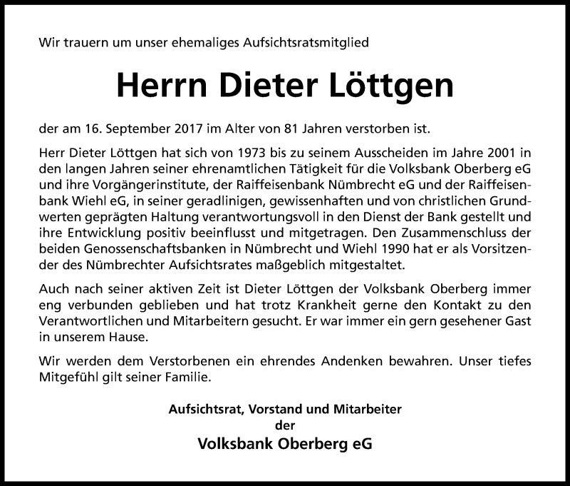  Traueranzeige für Dieter Löttgen vom 20.09.2017 aus Kölner Stadt-Anzeiger / Kölnische Rundschau / Express